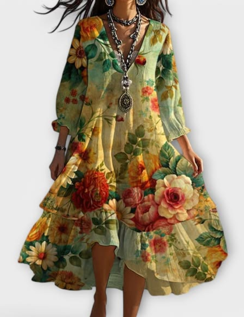 Myla™ floral print dress with V-neck, long balloon sleeves, tiered hem, multicolor