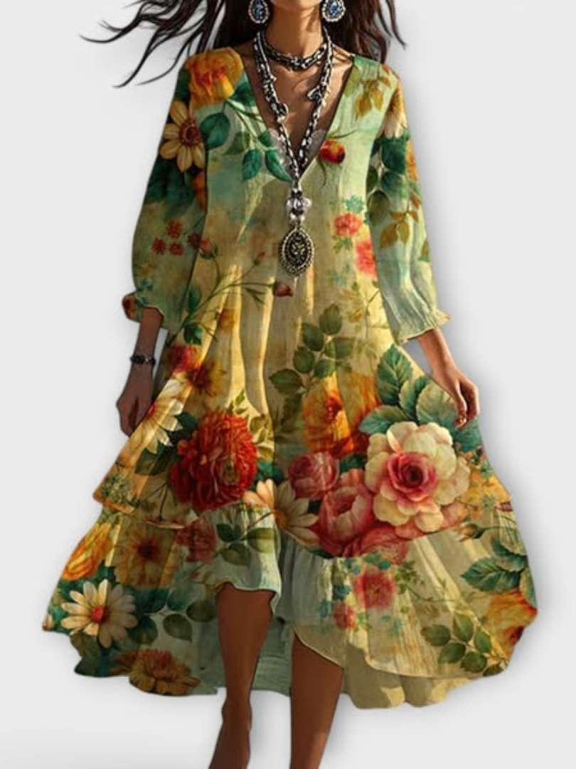 Myla™ floral print dress with V-neck, long balloon sleeves, tiered hem, multicolor