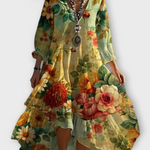 Myla™ floral print dress with V-neck, long balloon sleeves, tiered hem, multicolor