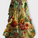 Myla™ floral print dress with V-neck, long balloon sleeves, tiered hem, multicolor