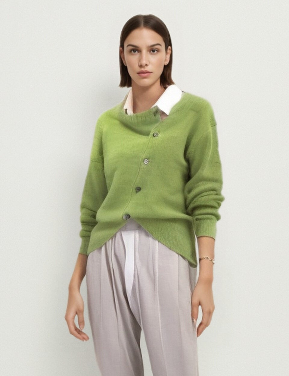 Marley green knit cardigan with button front and ribbed cuffs