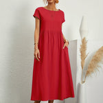 Red midi casual dress with short sleeves and gathered waist, loose flared skirt