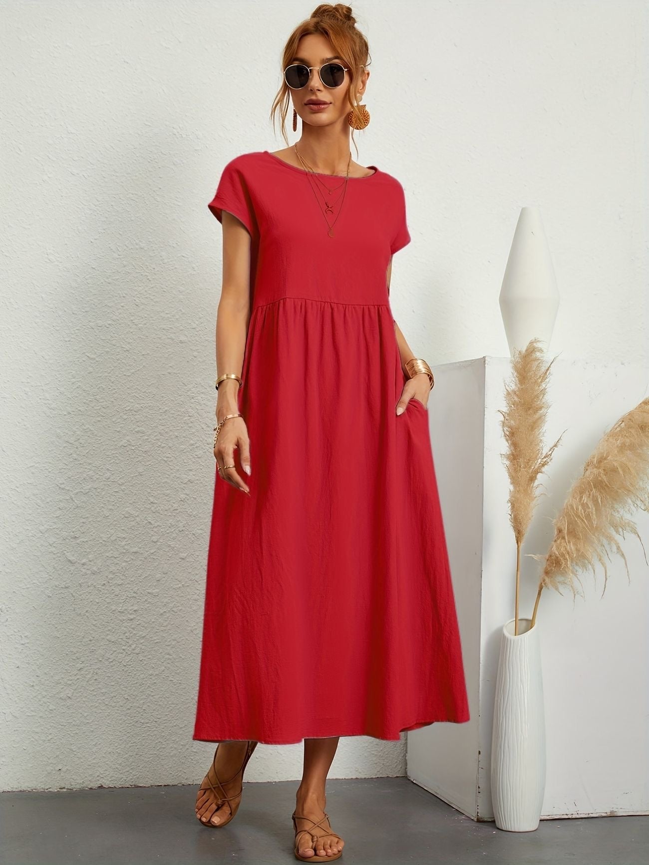Red midi casual dress with short sleeves and gathered waist, loose flared skirt
