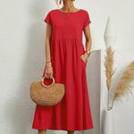 Caroline™ casual midi dress with cap sleeves, round neck, gathered waist, red