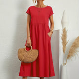 Caroline™ casual midi dress with cap sleeves, round neck, gathered waist, red
