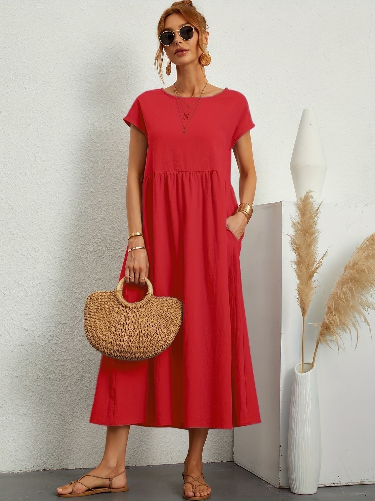 Caroline™ casual midi dress with cap sleeves, round neck, gathered waist, red