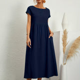 Navy midi casual dress with short sleeves and gathered waist, front view