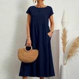 Navy midi casual dress with short sleeves and gathered waist, loose flared skirt