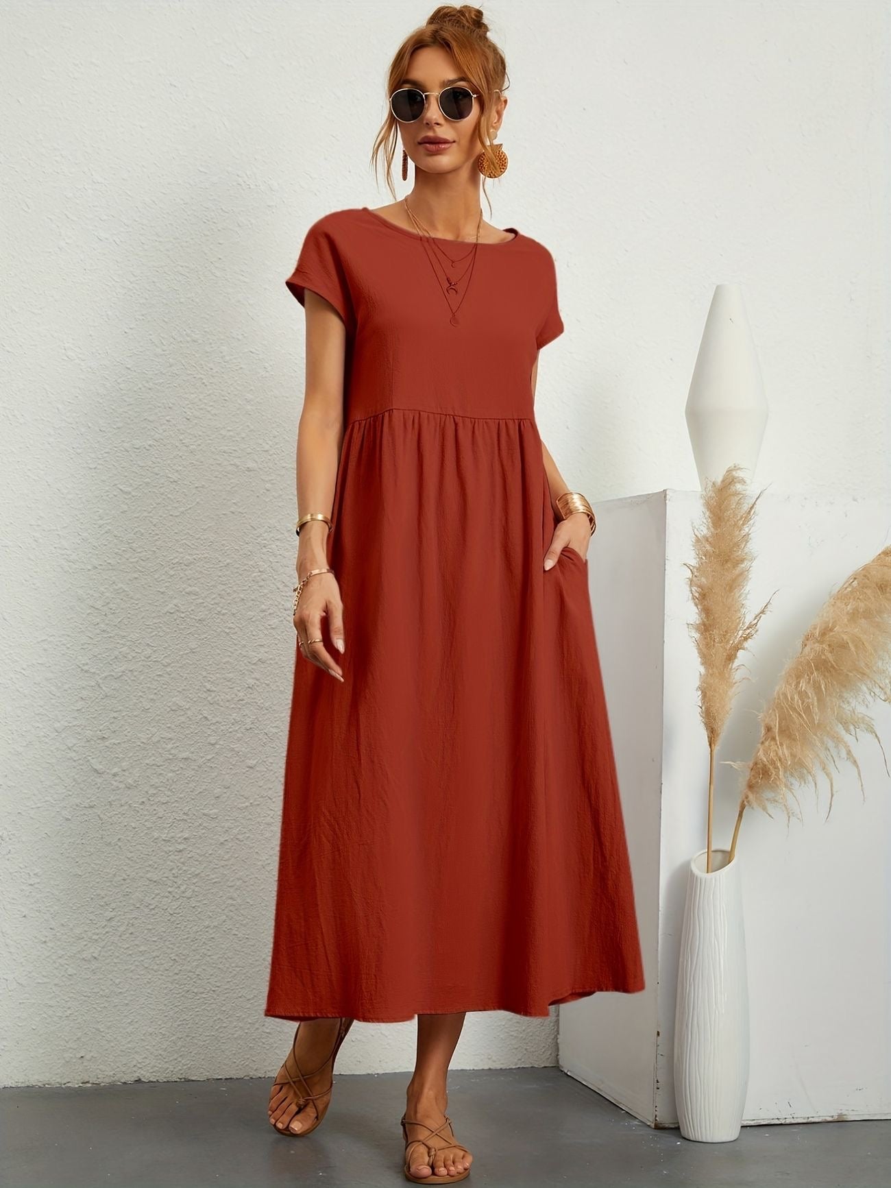 Terracotta midi casual dress with short sleeves and gathered waist, front view