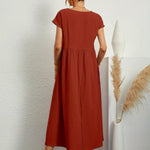 Terracotta midi casual dress with short sleeves and gathered waist, back view
