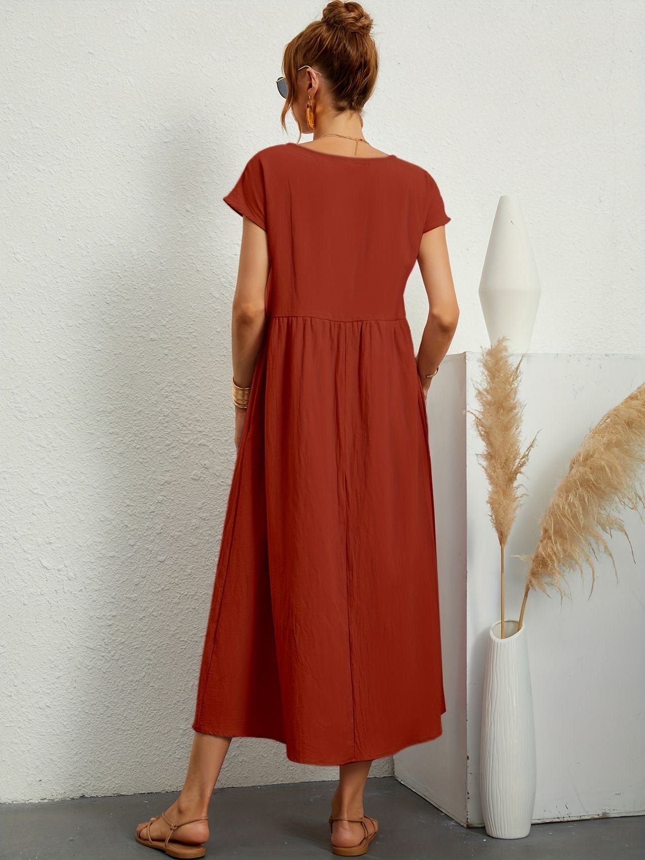 Terracotta midi casual dress with short sleeves and gathered waist, back view