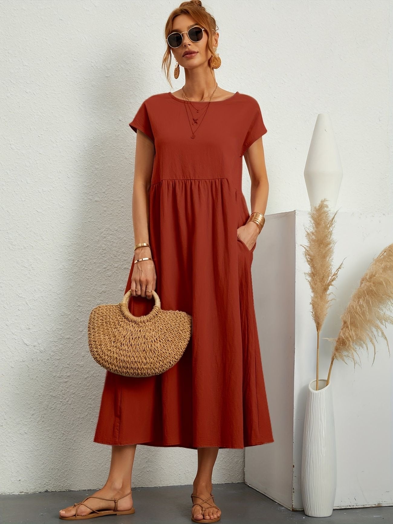Rust orange midi casual dress with short sleeves and gathered waist, loose flared skirt