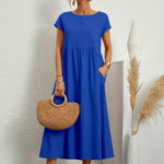 Caroline™ casual midi dress with cap sleeves, round neck, gathered waist, blue