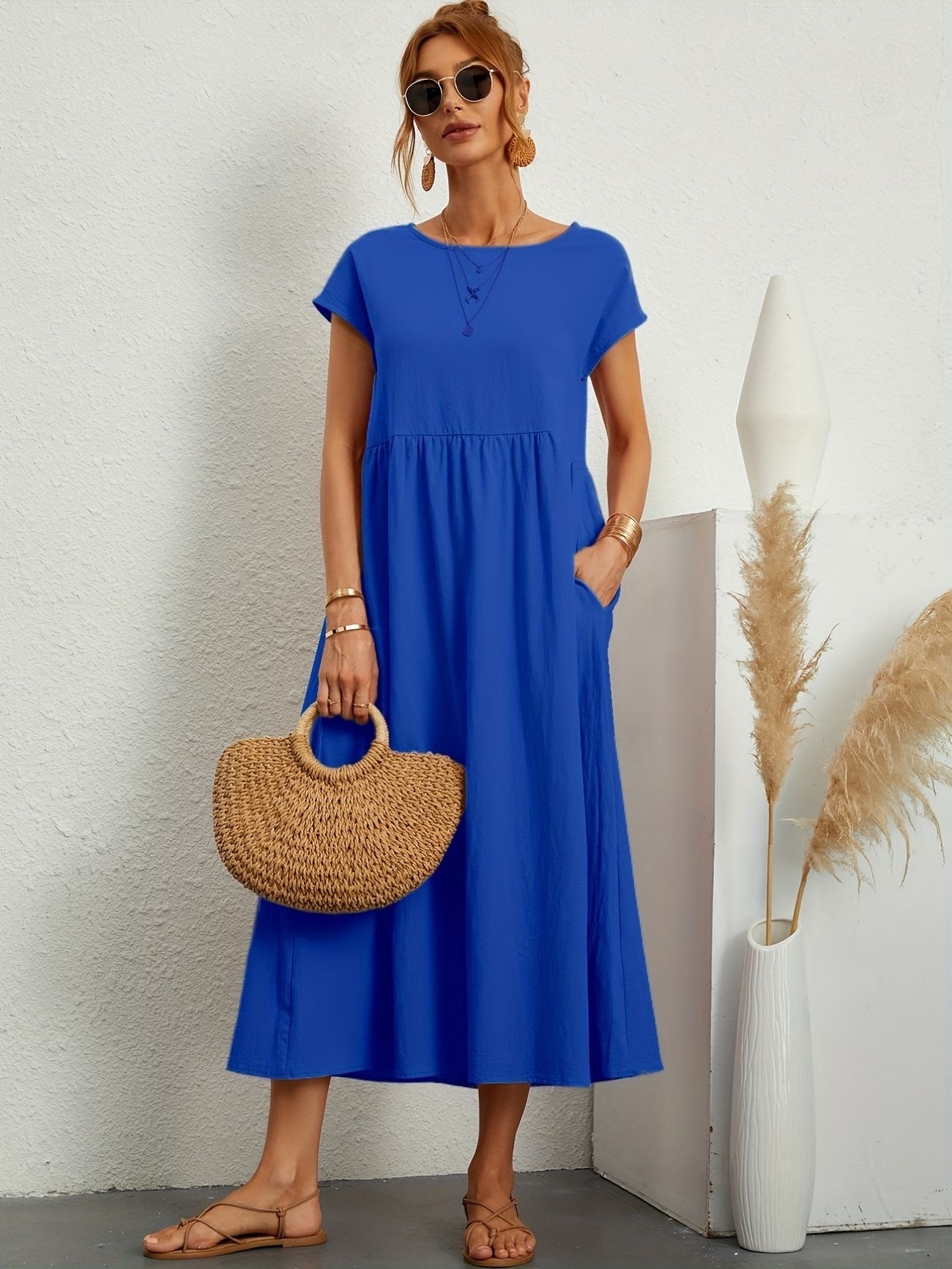 Caroline™ casual midi dress with cap sleeves, round neck, gathered waist, blue