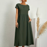 Dark green midi casual dress with short sleeves and gathered waist, loose flared skirt