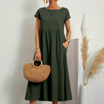 Caroline™ casual midi dress with cap sleeves, round neck, gathered waist, dark green