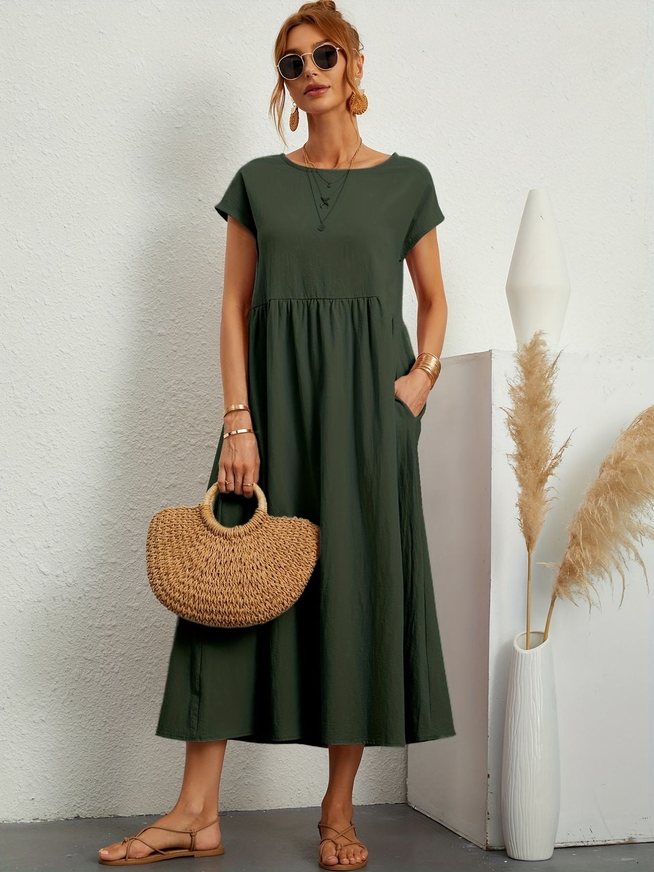Caroline™ casual midi dress with cap sleeves, round neck, gathered waist, dark green
