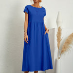 Royal blue midi casual dress with short sleeves and gathered waist, loose flared skirt