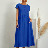 Royal blue midi casual dress with short sleeves and gathered waist, loose flared skirt