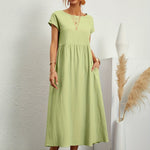 Caroline™ casual midi dress with cap sleeves, round neck, gathered waist, light green