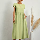 Caroline™ casual midi dress with cap sleeves, round neck, gathered waist, light green