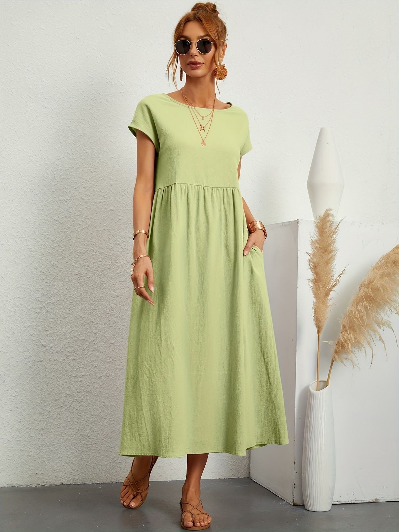 Caroline™ casual midi dress with cap sleeves, round neck, gathered waist, light green