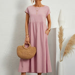 Caroline™ casual midi dress with cap sleeves, round neck, gathered waist, blush pink