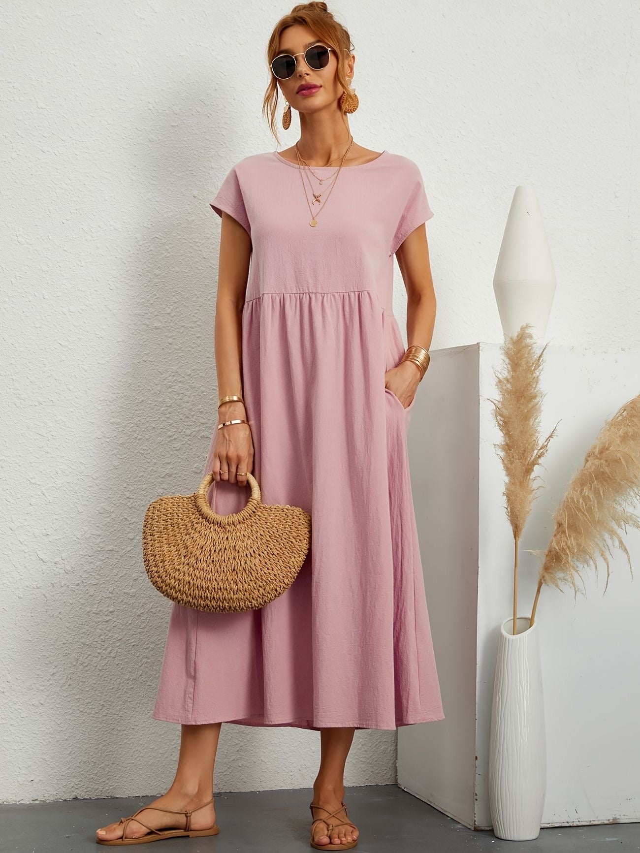 Caroline™ casual midi dress with cap sleeves, round neck, gathered waist, blush pink