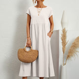 White midi casual dress with short sleeves and gathered waist, loose flared skirt