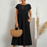 Caroline™ casual midi dress with cap sleeves, round neck, gathered waist, black