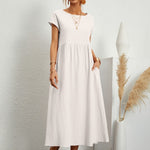 Caroline™ casual midi dress with cap sleeves, round neck, gathered waist, white