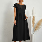 Black midi casual dress with short sleeves and gathered waist, loose flared skirt