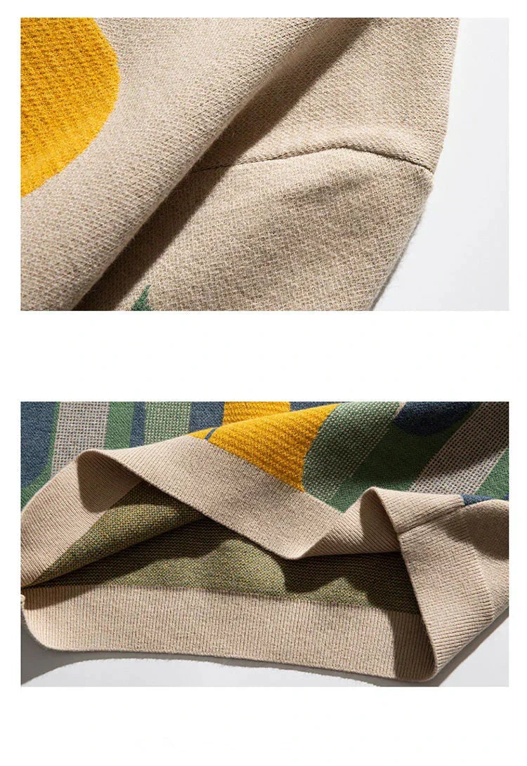 Beige crew pullover collar and hem closeup with ribbed knit trim