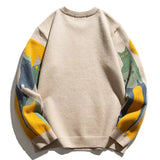 Beige crew pullover with solid back and multicolor striped sleeves, ribbed hem