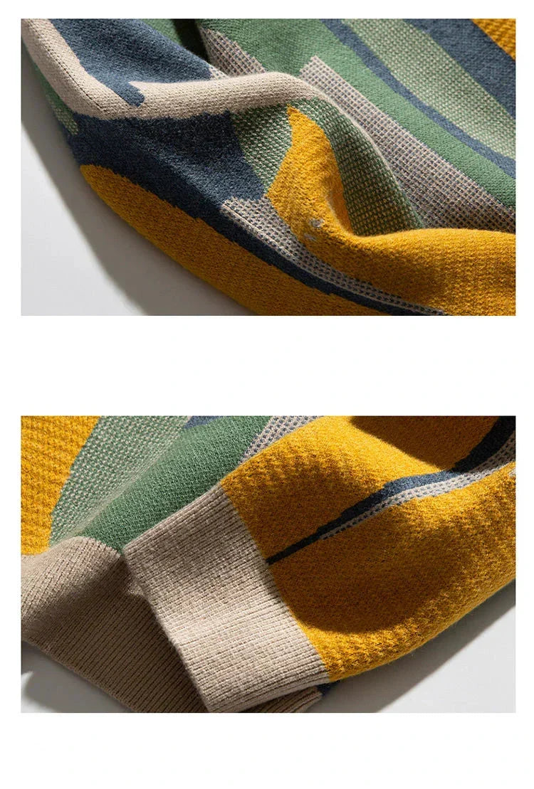 Beige crew pullover sleeve closeup with multicolor striped knit and ribbed cuff