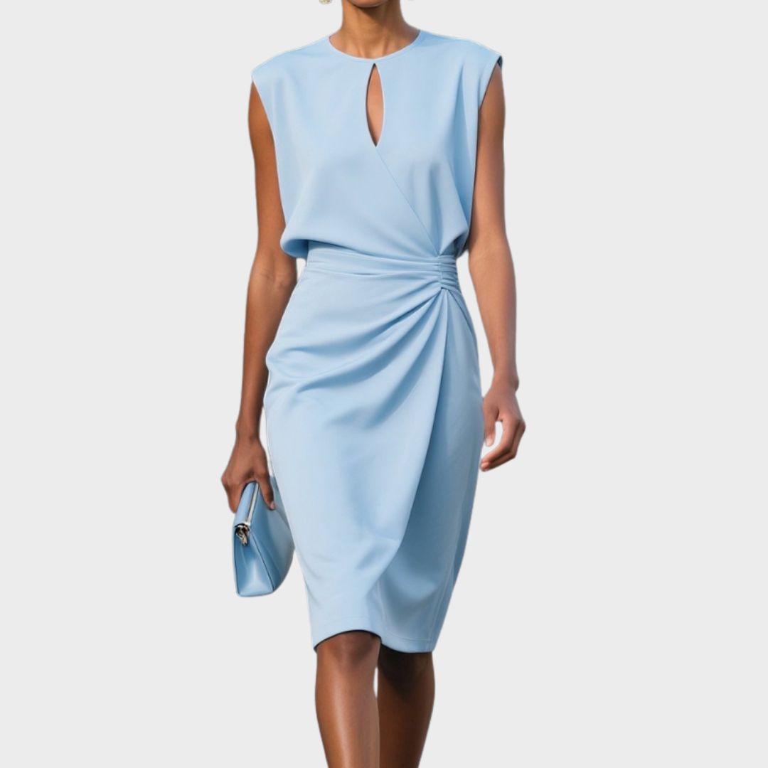 Light blue sleeveless midi dress with keyhole neckline and draped waist knot