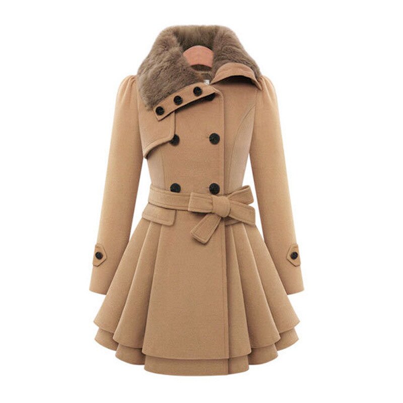 Beige double-breasted coat with faux-fur collar, waist belt, flared skirt hem
