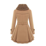 Beige double-breasted coat back with faux-fur collar and waist belt