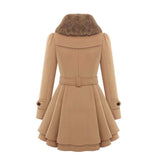 Beige double-breasted coat back with faux-fur collar and waist belt