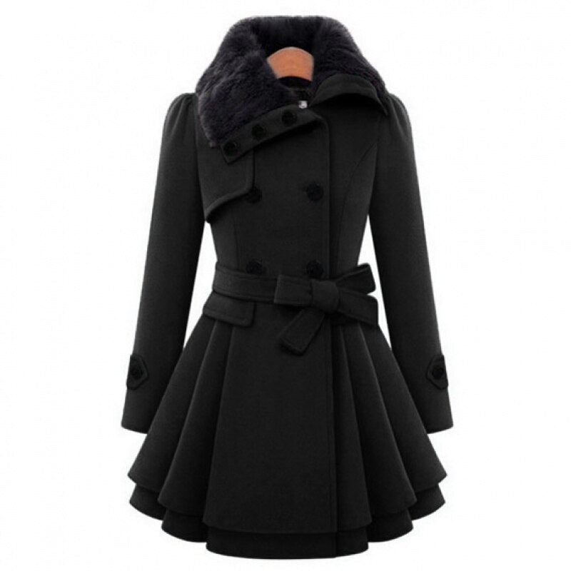 Black double-breasted coat with faux-fur collar and waist belt, flared hem
