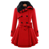 Red double-breasted coat with faux-fur collar, waist belt, flared hem