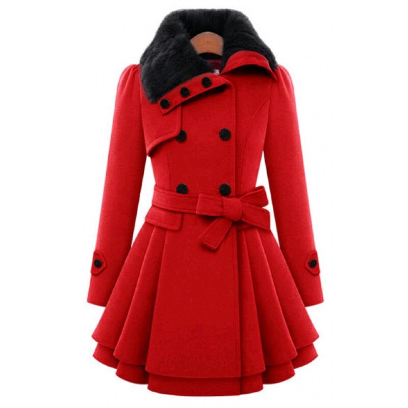 Red double-breasted coat with faux-fur collar, waist belt, flared hem