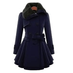 Dark navy double-breasted coat with faux-fur collar and waist belt, flared hem
