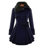 Dark navy double-breasted coat with faux-fur collar and waist belt, flared hem