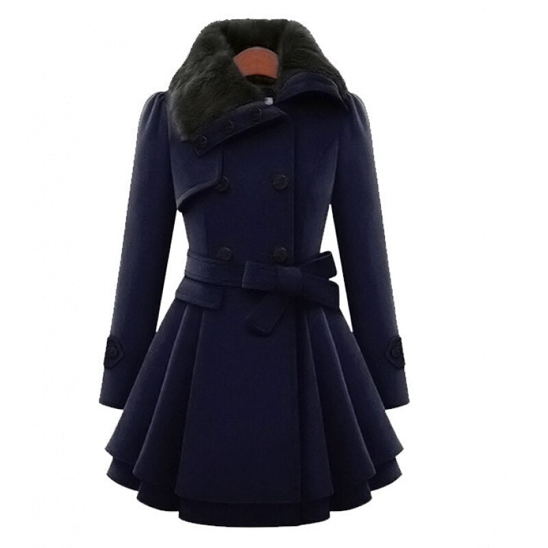 Dark navy double-breasted coat with faux-fur collar and waist belt, flared hem