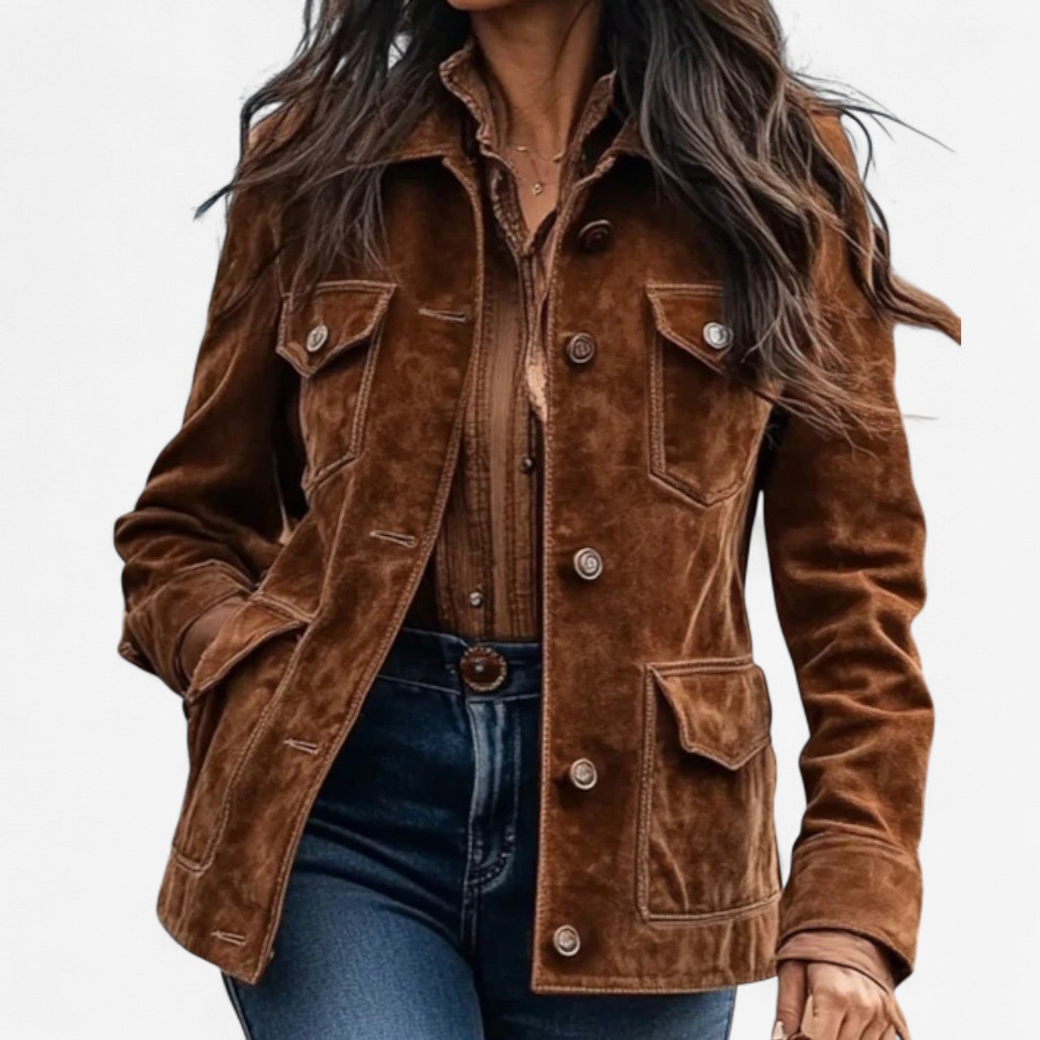 Women’s boho jacket, brown suede-look with button front and flap chest pockets