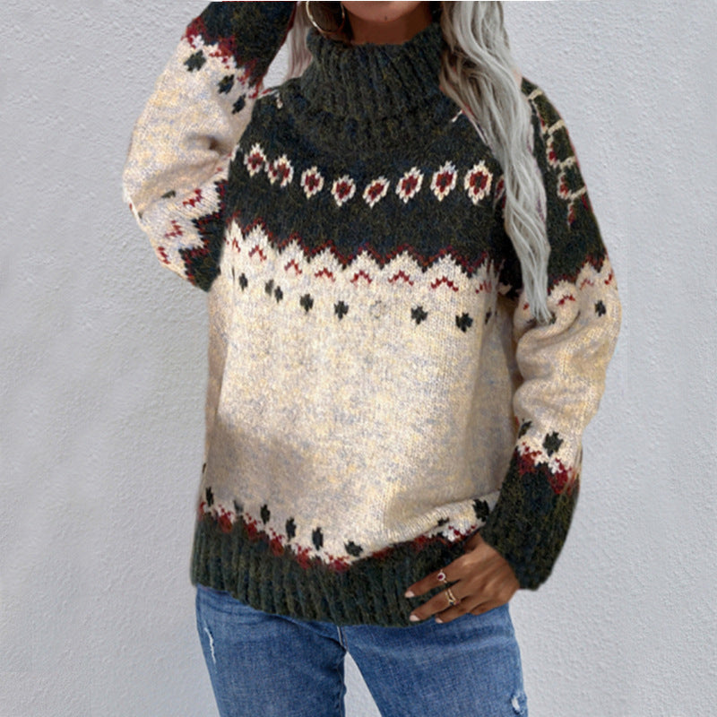 Fair Isle knit pullover sweater with crew neck, dark green and beige patterned bands