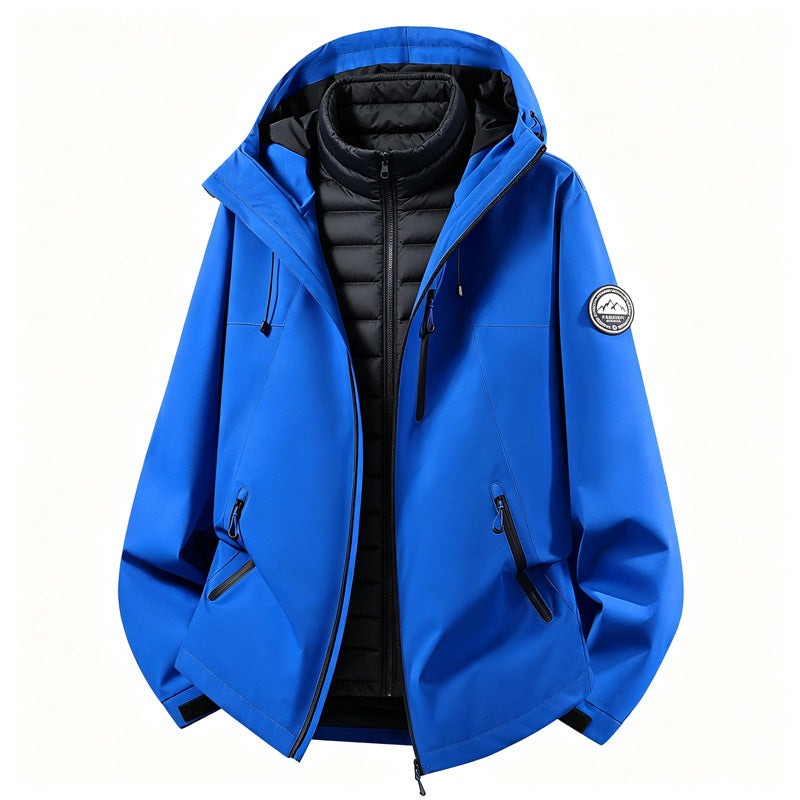 Softshell outdoor jacket with removable inner jacket, royal blue shell and black inner vest