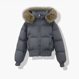Women's short quilted blouson with removable hood, dark gray, faux-fur trim, zip front