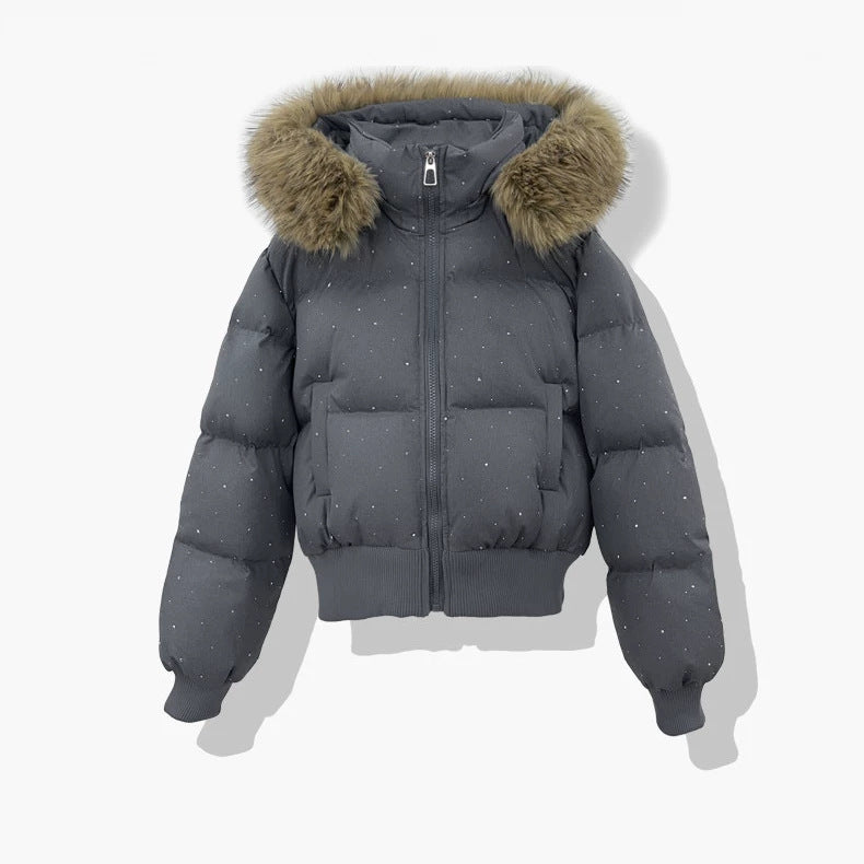 Women's short quilted blouson with removable hood, dark gray, faux-fur trim, zip front